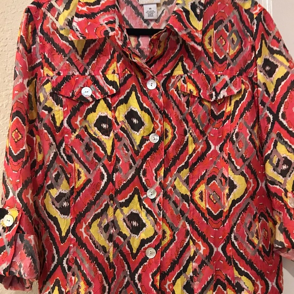 Ruby Rd. Red Yellow Black Ikat Button-Front Blouse - Picture 6 of 7